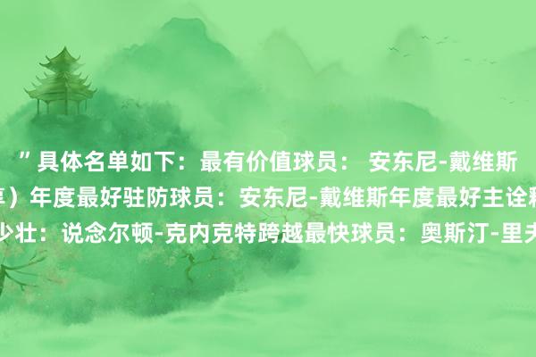 ”具体名单如下：最有价值球员： 安东尼-戴维斯/勒布朗-詹姆斯（分享）年度最好驻防球员：安东尼-戴维斯年度最好主诠释：JJ-雷迪克年度最好少壮：说念尔顿-克内克特跨越最快球员：奥斯汀-里夫斯年度最好第六东说念主：贾克森-海斯年度最好要道球员：安东尼-戴维斯年度最好队友：盖布-文森特年度最好总司理：萨姆-普雷斯蒂（雷霆篮球运营副总裁兼总司理）    体育集锦